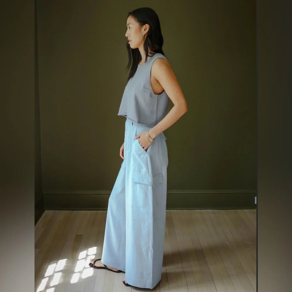 Sister Katie -Women's The Jen Cargo Light Dusty Blue Wide-Leg Pants high waist S